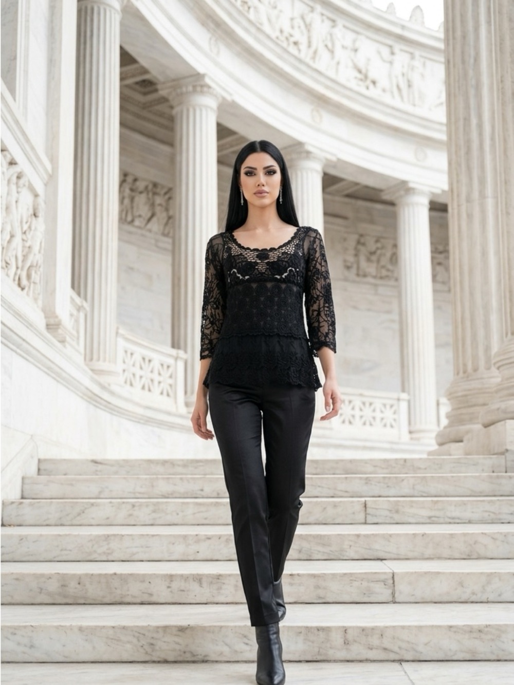 Shasa Women’s Large Black Sheer Crochet Top Featuring Intricate Lace Pattern